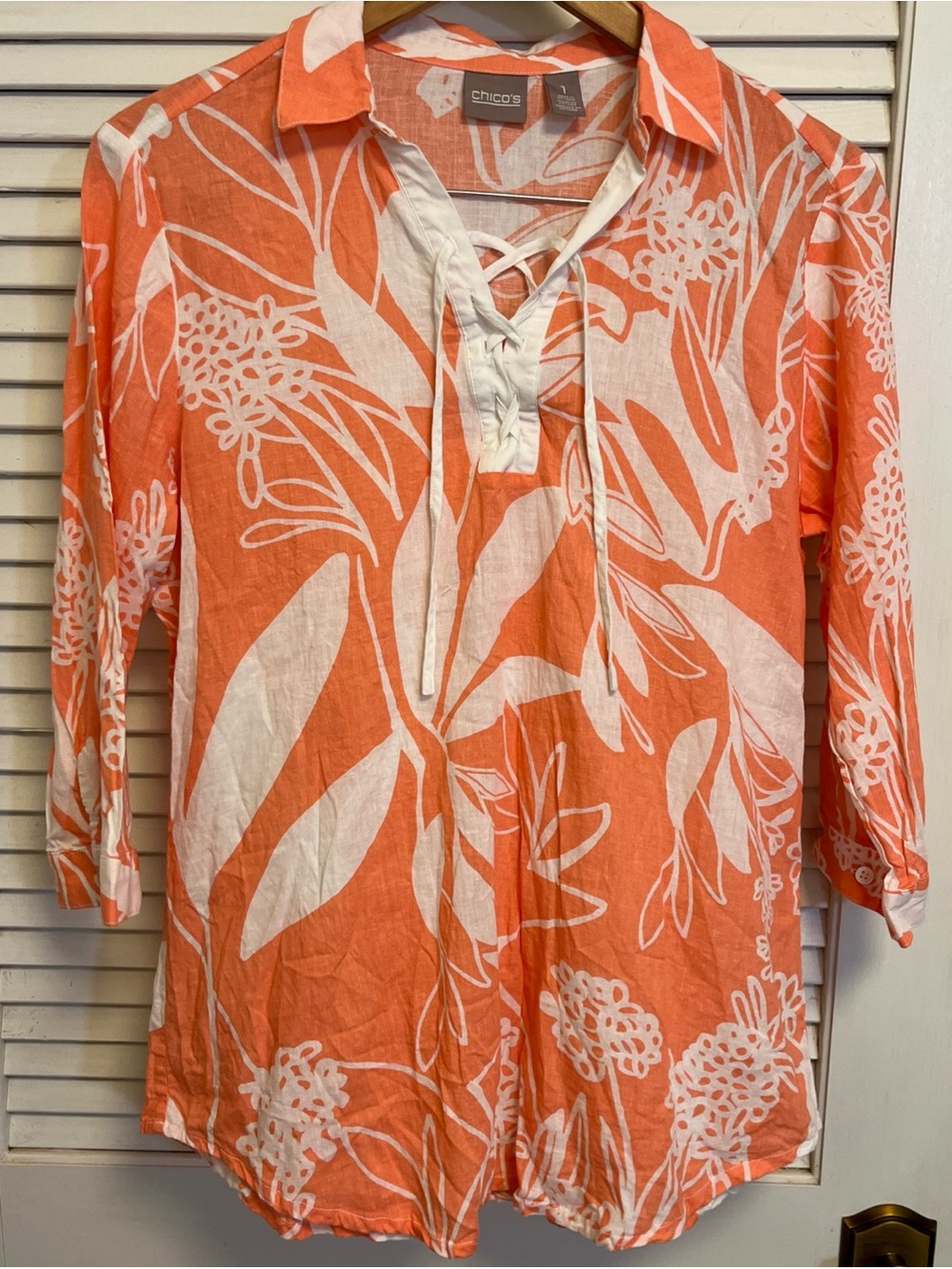 Chico's Coral & White Floral Lace-Up Tunic